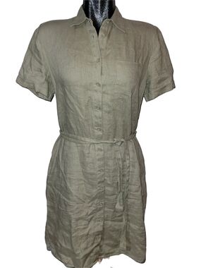 Brax Linen Love Taupe Short Sleeve Button-Up Shirt Dress with Tie Waist 38 EU